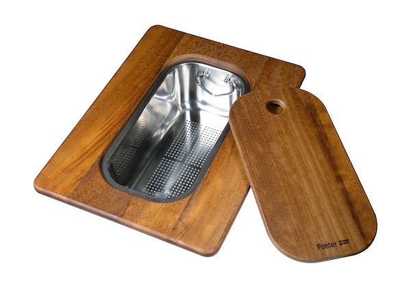 Planche de découpe Twin en bois Iroko avec tamis en acier inoxydable